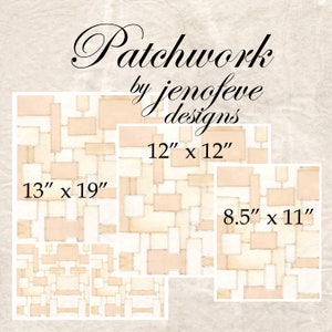 May include: Three different sizes of patchwork fabric featuring a beige and peach geometric pattern with a stitched design. The fabric is 12 inches by 12 inches, 13 inches by 19 inches, and 8.5 inches by 11 inches.