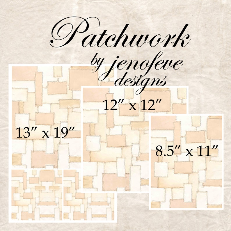 May include: Three different sizes of patchwork fabric featuring a beige and peach geometric pattern with a stitched design. The fabric is 12 inches by 12 inches, 13 inches by 19 inches, and 8.5 inches by 11 inches.