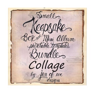 May include: A vintage-style image with the text "Small Keepsake Box and Mini Album Printable Templates Bundle Collage by: Jen of eve designs". The image has a light brown background with a faded, textured look.
