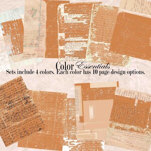 May include: A collection of vintage-style paper sheets in various shades of orange, beige, and cream. The papers feature aged textures, handwritten script, and faded designs. Text on the image reads "Color Essentials" and "Sets include 4 colors. Each color has 10 page design options."