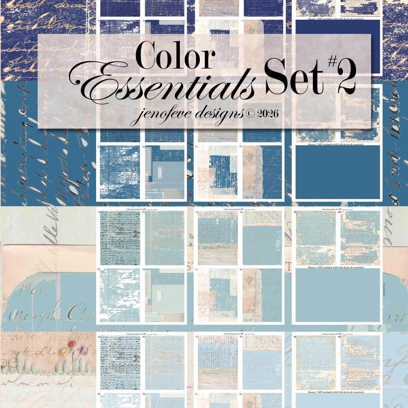 May include: A collage of digital art pieces in shades of blue, beige, and white. The text "Color Essentials Set 2" is displayed in a decorative font, with the artist's name and copyright information below. The artwork features various textures and patterns.