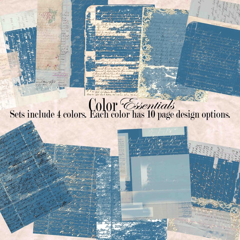 May include: A collection of vintage-style paper sheets in various sizes and designs. The papers feature a distressed, aged look with blue and cream tones, and handwritten script. The text "Color Essentials" is visible, along with the text "Sets include 4 colors. Each color has 10 page design options."