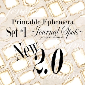 May include: A digital collage of printable ephemera journal spots. The image features a repeating pattern of vintage-style tags with a distressed, aged appearance. Text includes "Printable Ephemera Set #1 Journal Spots" and "New 2.0".