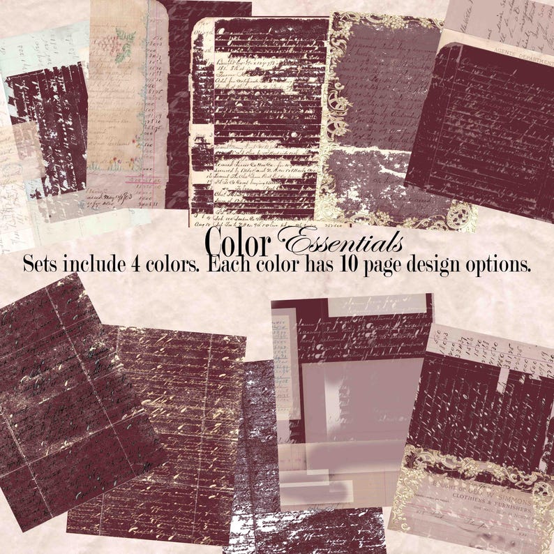May include: A collection of vintage-style paper sheets in various colors, including burgundy and cream. The papers feature aged textures, handwritten script, and decorative elements. Text on the image reads "Color Essentials" and "Sets include 4 colors. Each color has 10 page design options."