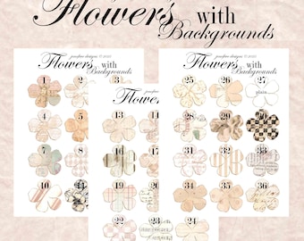 May include: A set of 36 digital paper flower images with different backgrounds. The flowers are in shades of pink, beige, and green. The backgrounds include patterns like plaid, stripes, and floral prints. The images are numbered 1 through 36.