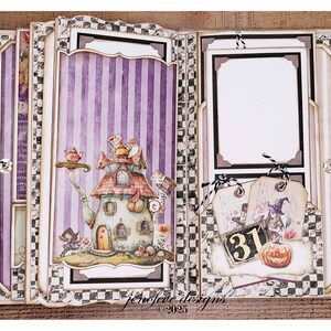 May include: A handmade scrapbook with a whimsical Halloween theme. The pages feature purple and white stripes, a teapot-shaped house, and tags with a witch and pumpkin. The scrapbook is decorated with black and white checkered patterns and the text "jenifere designs &copy;2025".