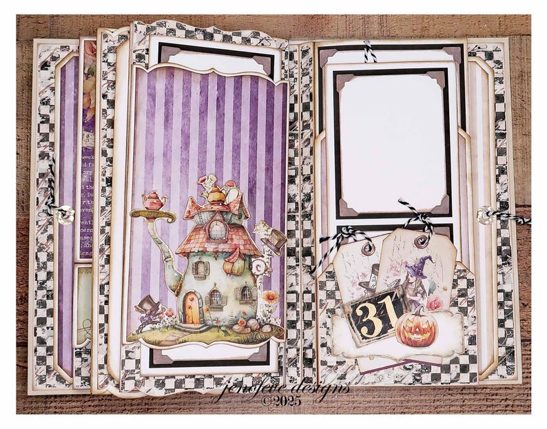 May include: A handmade scrapbook with a whimsical Halloween theme. The pages feature purple and white stripes, a teapot-shaped house, and tags with a witch and pumpkin. The scrapbook is decorated with black and white checkered patterns and the text "jenifere designs &copy;2025".