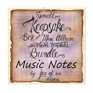 Puede incluir: Una descarga digital de plantillas imprimibles para una pequeña caja de recuerdos y un mini álbum. El diseño presenta un tema de notas musicales con el texto "Small Keepsake Box and Mini Album Printable Templates Bundle Music Notes by: jen of eve designs".