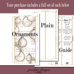 May include: A set of three printable pages with a burgundy background. The pages include a design with ornaments, a plain page, and a guide. The word "Ornaments" is displayed on the first page. The text "jenofeve designs &copy;2025" is at the bottom.