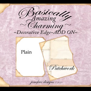 Pode incluir: Um fundo rosa com um design de borda decorativo. O texto "Basically Amazing Charming" está escrito em letra cursiva. São mostradas duas opções para o design da borda: "Plain" e "Patchwork".