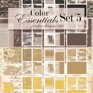 May include: A collection of digital papers in shades of beige, brown, and cream. The papers display textures such as aged parchment, handwritten script, and geometric shapes. The text "Color Essentials Set #5" and "jenofeve designs © 2026" are visible.