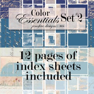 May include: A digital collage featuring a collection of index sheets in shades of blue, beige, and white. The text "Color Essentials Set 2" and "12 pages of index sheets included" are displayed. The design incorporates vintage paper textures and handwritten script.