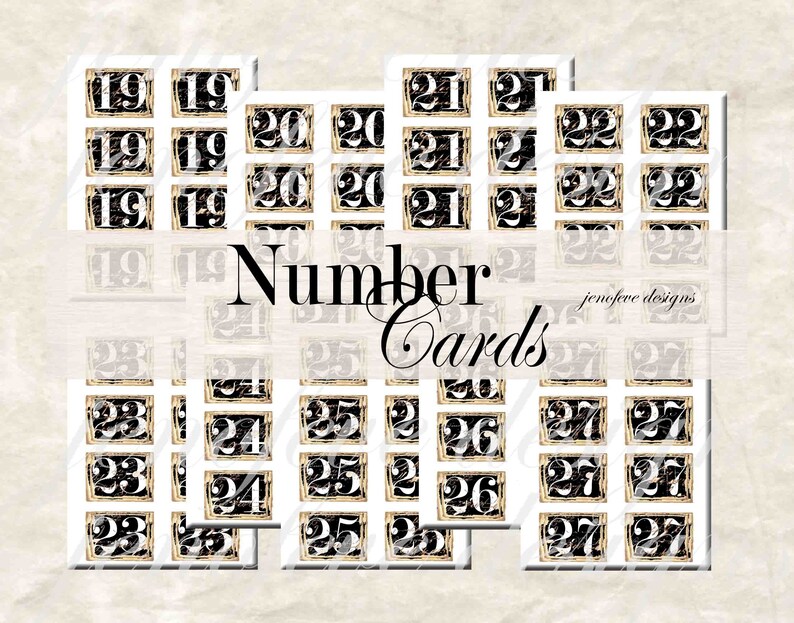 May include: A set of black and gold number cards with a white background. The numbers range from 19 to 27. The cards are arranged in rows and columns. The text "Number Cards" is written in black on a white background.