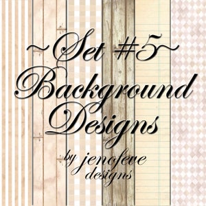 K&ouml;nnte beinhalten: Satz von f&uuml;nf digitalen Papierhintergrunddesigns im Vintage-Stil. Die Designs umfassen Streifen, Holzmaserung, Gingham, liniertes Papier und ein Diamantenmuster. Der Text "Set #5 Background Designs by jenofeve designs" ist im Bild enthalten.
