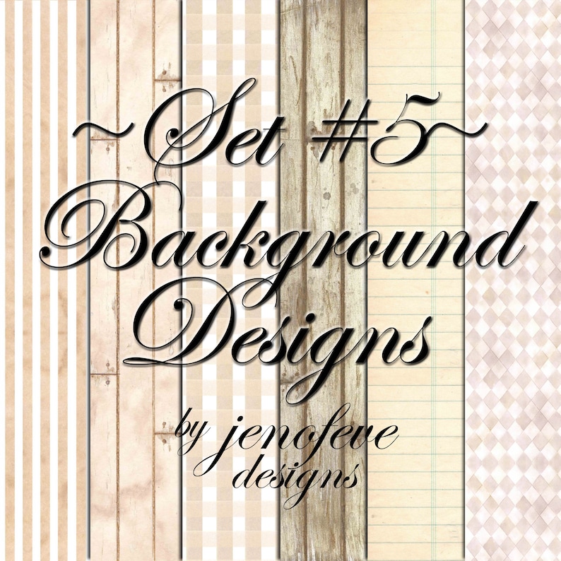 K&ouml;nnte beinhalten: Satz von f&uuml;nf digitalen Papierhintergrunddesigns im Vintage-Stil. Die Designs umfassen Streifen, Holzmaserung, Gingham, liniertes Papier und ein Diamantenmuster. Der Text "Set #5 Background Designs by jenofeve designs" ist im Bild enthalten.