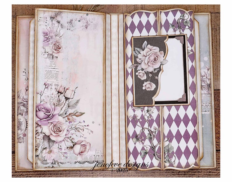 May include: Open scrapbook with floral and diamond pattern designs. The left side features a large arrangement of lavender roses and foliage. The right side has a purple and white diamond pattern with a photo frame and rose accents. The text "jenefeve designs 2023" is visible.