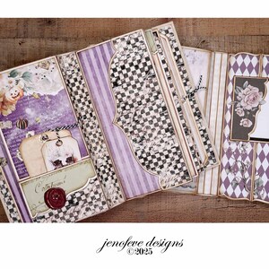 May include: Open scrapbook with purple, black, and white patterned pages. The pages feature a mix of stripes, checkerboard, and diamond patterns. Decorative elements include floral accents, tags, and a wax seal. The text "jenofeve designs &copy;2025" is visible.