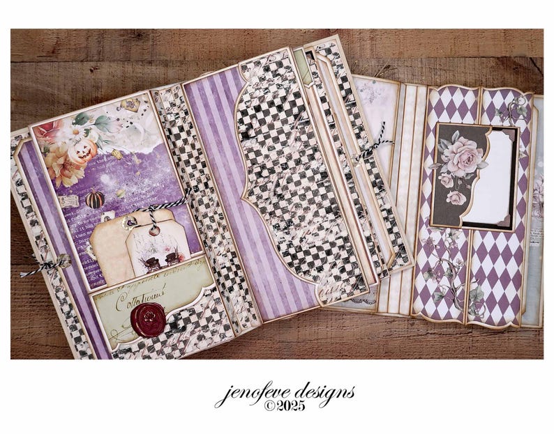 May include: Open scrapbook with purple, black, and white patterned pages. The pages feature a mix of stripes, checkerboard, and diamond patterns. Decorative elements include floral accents, tags, and a wax seal. The text "jenofeve designs &copy;2025" is visible.