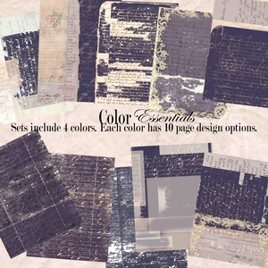 May include: A collection of vintage-style paper sheets in various sizes and designs. The papers feature aged textures, handwritten script, and decorative elements in shades of blue, beige, and cream. The text on the image reads "Color Essentials" and "Sets include 4 colors. Each color has 10 page design options."