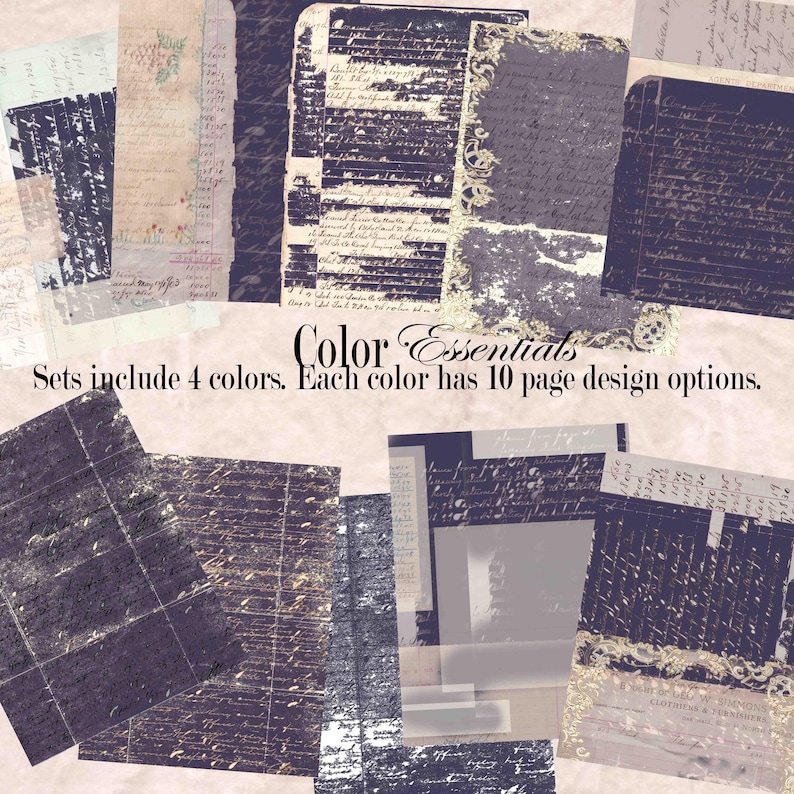 May include: A collection of vintage-style paper sheets in various sizes and designs. The papers feature aged textures, handwritten script, and decorative elements in shades of blue, beige, and cream. The text on the image reads "Color Essentials" and "Sets include 4 colors. Each color has 10 page design options."