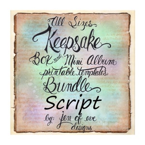 Peut inclure: Une image de style vintage avec un fond aquarelle. Le texte dit "All Sizes Keepsake Book and Mini Album Printable Templates Bundle Script by: jen of eve designs".