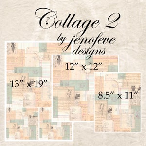May include: Collage paper pack with a vintage aesthetic. The paper features a variety of patterns and textures, including handwritten text, stamps, and floral designs. The paper is available in three sizes: 13 inches by 19 inches, 12 inches by 12 inches, and 8.5 inches by 11 inches.