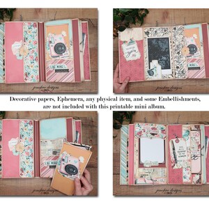 May include: A multi-page scrapbook album with pink, floral, and striped paper designs. The album features decorative elements, including a camera illustration and the text "BE MINE". The album is displayed open on a wooden surface.