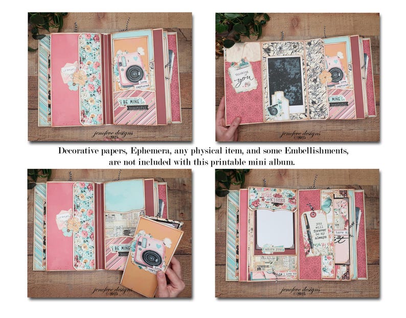 May include: A multi-page scrapbook album with pink, floral, and striped paper designs. The album features decorative elements, including a camera illustration and the text "BE MINE". The album is displayed open on a wooden surface.