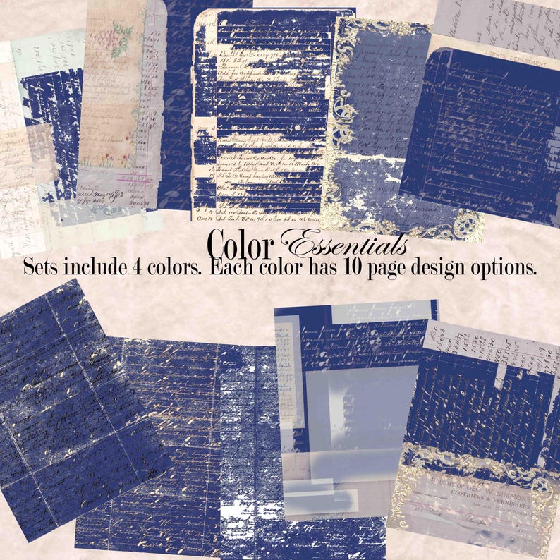 May include: A collection of vintage-style paper sheets in shades of blue, beige, and white. The papers feature handwritten script and decorative elements. The text "Color Essentials" and product details are also visible.