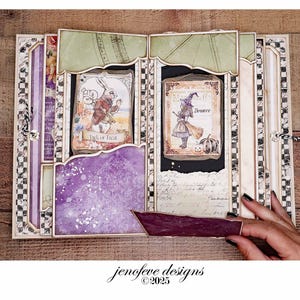 May include: A handmade Halloween-themed scrapbook album. The album features decorative paper with illustrations of a rabbit and a witch, with the text "Trick or Treat" and "Beware". The album has a purple and black color scheme with a checkered border.