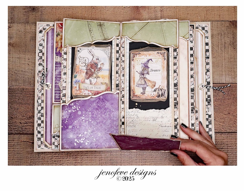 May include: A handmade Halloween-themed scrapbook album. The album features decorative paper with illustrations of a rabbit and a witch, with the text "Trick or Treat" and "Beware". The album has a purple and black color scheme with a checkered border.