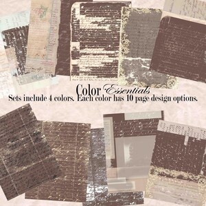 May include: A collection of vintage-style paper sheets in various colors, featuring aged textures and handwritten script designs. The image includes the text "Color Essentials" and states that sets include 4 colors, each with 10 page design options.