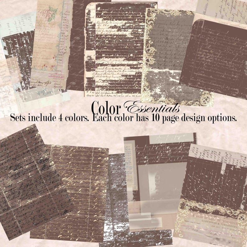 May include: A collection of vintage-style paper sheets in various colors, featuring aged textures and handwritten script designs. The image includes the text "Color Essentials" and states that sets include 4 colors, each with 10 page design options.