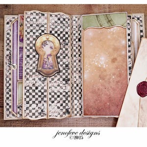 May include: An open scrapbook with a keyhole design, featuring a checkerboard pattern and a vintage aesthetic. The pages include a keyhole cutout, a starry background, and a sealed envelope. The text "jenofeve designs &copy;2025" is visible.