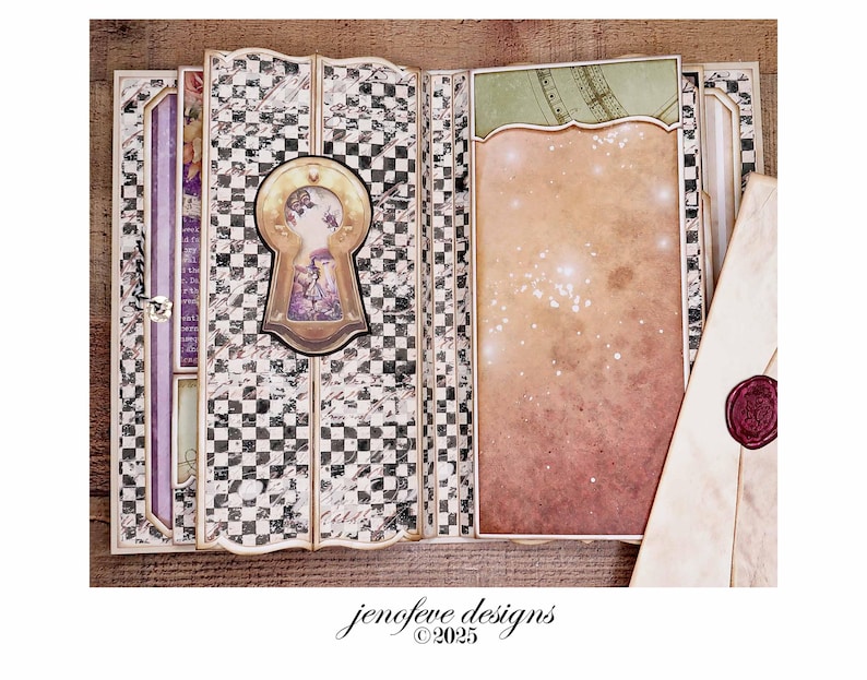 May include: An open scrapbook with a keyhole design, featuring a checkerboard pattern and a vintage aesthetic. The pages include a keyhole cutout, a starry background, and a sealed envelope. The text "jenofeve designs &copy;2025" is visible.
