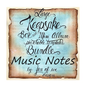 May include: A digital download of printable templates for a large keepsake box and a mini album. The design features a blue and brown background with music notes and the text "Large Keepsake Box and Mini Album Printable Templates Bundle Music Notes by: jen of eve designs".