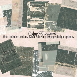 May include: A collection of paper sheets with vintage designs in various colors. The sheets feature aged textures, handwritten script, and decorative elements. The text "Color Essentials" and product details are also visible.