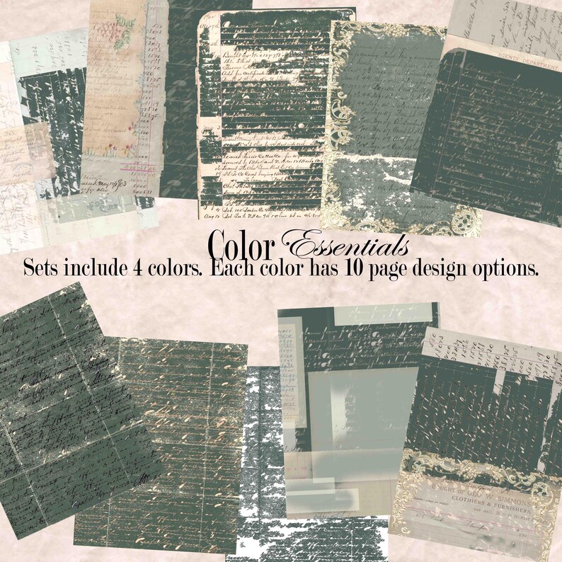 May include: A collection of paper sheets with vintage designs in various colors. The sheets feature aged textures, handwritten script, and decorative elements. The text "Color Essentials" and product details are also visible.