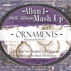May include: A digital scrapbook template design with a purple and white background. The design features the text "Album 1 Mini Album Mash Up" and "ORNAMENTS" in a decorative oval frame. Additional text includes "Printable Scrapbook Album Templates" and "Background Design."