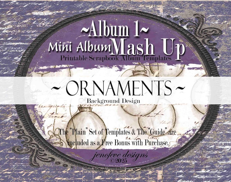 May include: A digital scrapbook template design with a purple and white background. The design features the text "Album 1 Mini Album Mash Up" and "ORNAMENTS" in a decorative oval frame. Additional text includes "Printable Scrapbook Album Templates" and "Background Design."