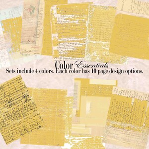 May include: A collection of vintage-style paper sheets in various shades of yellow and cream. Some sheets feature handwritten script and decorative borders. The text "Color Essentials" and details about the sets are also visible.