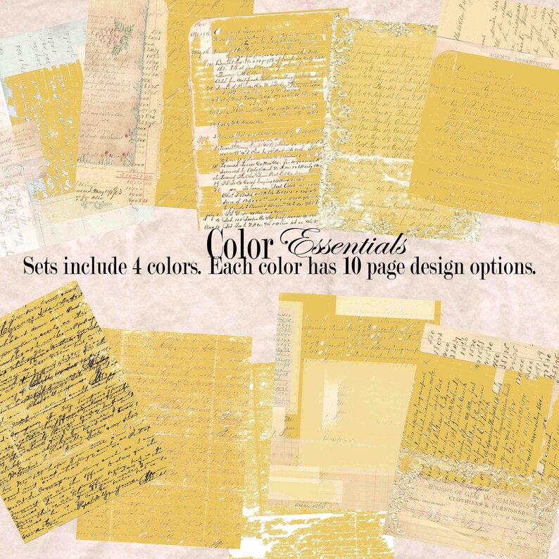 May include: A collection of vintage-style paper sheets in various shades of yellow and cream. Some sheets feature handwritten script and decorative borders. The text "Color Essentials" and details about the sets are also visible.