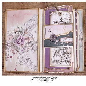May include: Open scrapbook with a floral design. The left page features a large floral arrangement with roses in shades of pink and purple. The right page has layered tags and pockets with vintage-style illustrations and the text "Days Like This."
