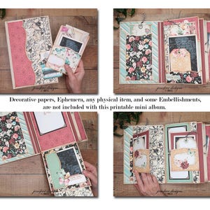 May include: A multi-panel mini album with decorative papers, floral patterns, and tags. The album features a mix of pink, cream, and floral designs. The image shows the album open and closed, showcasing its various pages and embellishments.