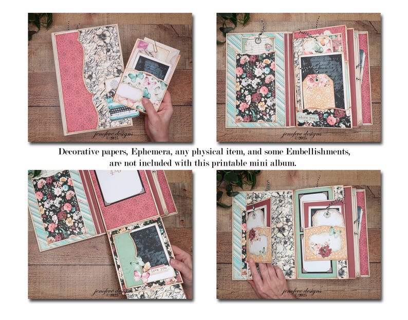 May include: A multi-panel mini album with decorative papers, floral patterns, and tags. The album features a mix of pink, cream, and floral designs. The image shows the album open and closed, showcasing its various pages and embellishments.