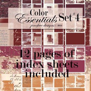 May include: A collage of index sheets in shades of burgundy, cream, and orange. The text "Color Essentials Set 4" and "12 pages of index sheets included" are displayed. The design includes vintage paper textures and handwritten elements.