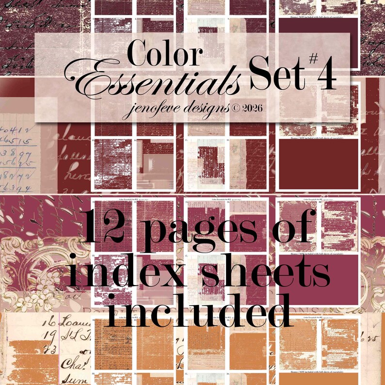 May include: A collage of index sheets in shades of burgundy, cream, and orange. The text "Color Essentials Set 4" and "12 pages of index sheets included" are displayed. The design includes vintage paper textures and handwritten elements.