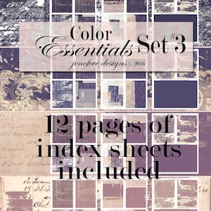 May include: A digital collage featuring a grid of textured squares in shades of purple, beige, and white. The text "Color Essentials Set #3" and "12 pages of index sheets included" are overlaid on the image. The design includes floral and script elements.