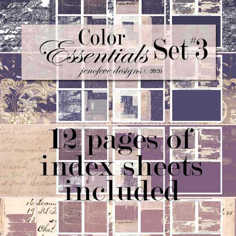 May include: A digital collage featuring a grid of textured squares in shades of purple, beige, and white. The text "Color Essentials Set #3" and "12 pages of index sheets included" are overlaid on the image. The design includes floral and script elements.