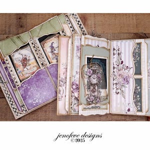 May include: An open, multi-layered scrapbook with a vintage aesthetic. The pages feature floral designs, purple accents, and decorative frames. The scrapbook includes a clock-themed tag and illustrations. The text "jenefeve designs &copy;2025" is visible.